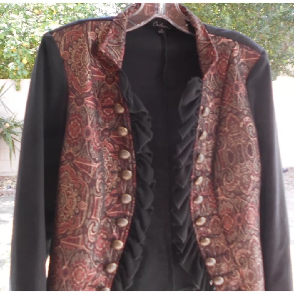 CALESSA Jacket Sz S Blk Ruffle Brown Brocade Open